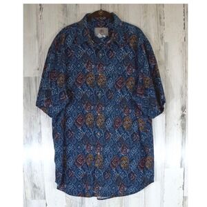 The Territory Ahead Button Down Camp Shirt XL Silk Cotton Blend Blue Abstract